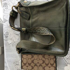 Dark green coach leather crossbody bag with small clutch